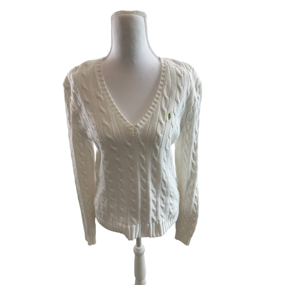 Ralph Lauren Sport White Cable Knit V-Neck Cotton Sweater Green Pony Logo Large